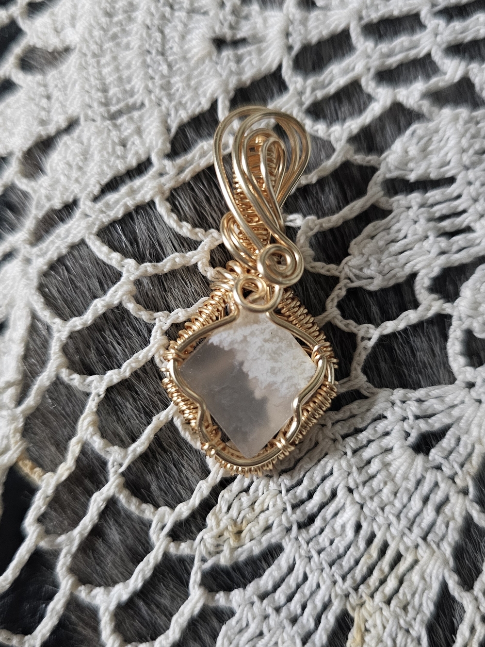 Gold Wire-Wrapped White Agate Pendant Necklace - Elegant Women's Jewelry